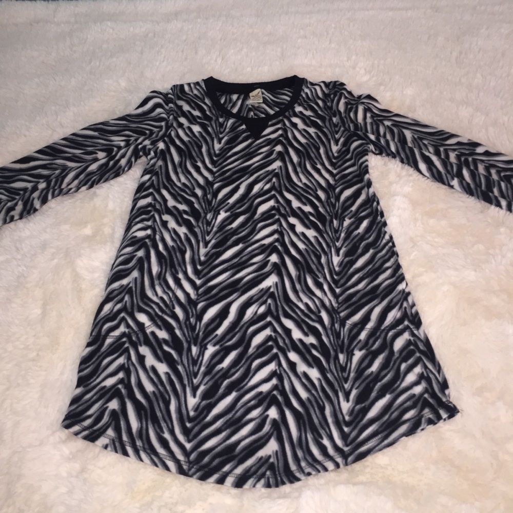 Vintage Fleece Zebra Striped Night Shirt Small Medium Pockets Nightgown Y2K